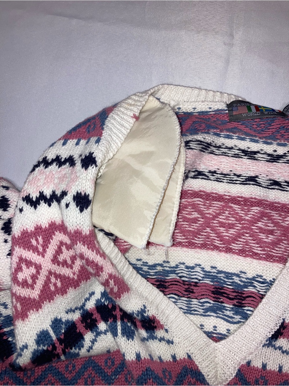 Vintage Paris Sport Club V-Neck Sweater - Pink, Navy & Cream - Picture 10 of 10